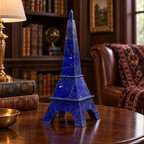 Close-up of a handcrafted Eiffel Tower sculpture showing natural lapis lazuli panels, pyrite and calcite markings.