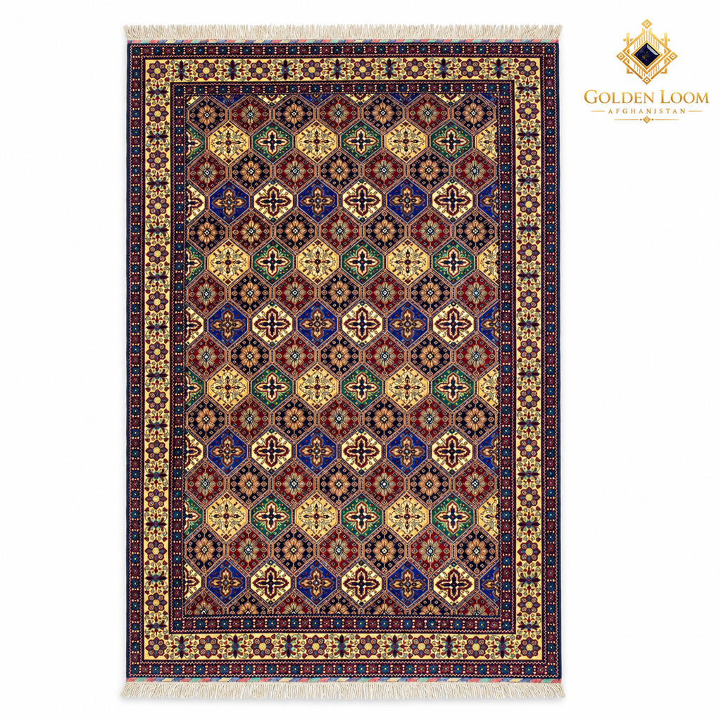 Top view of a multi-colour hand-knotted Afghan wool carpet with diamond motifs and fringed ends on a white background.