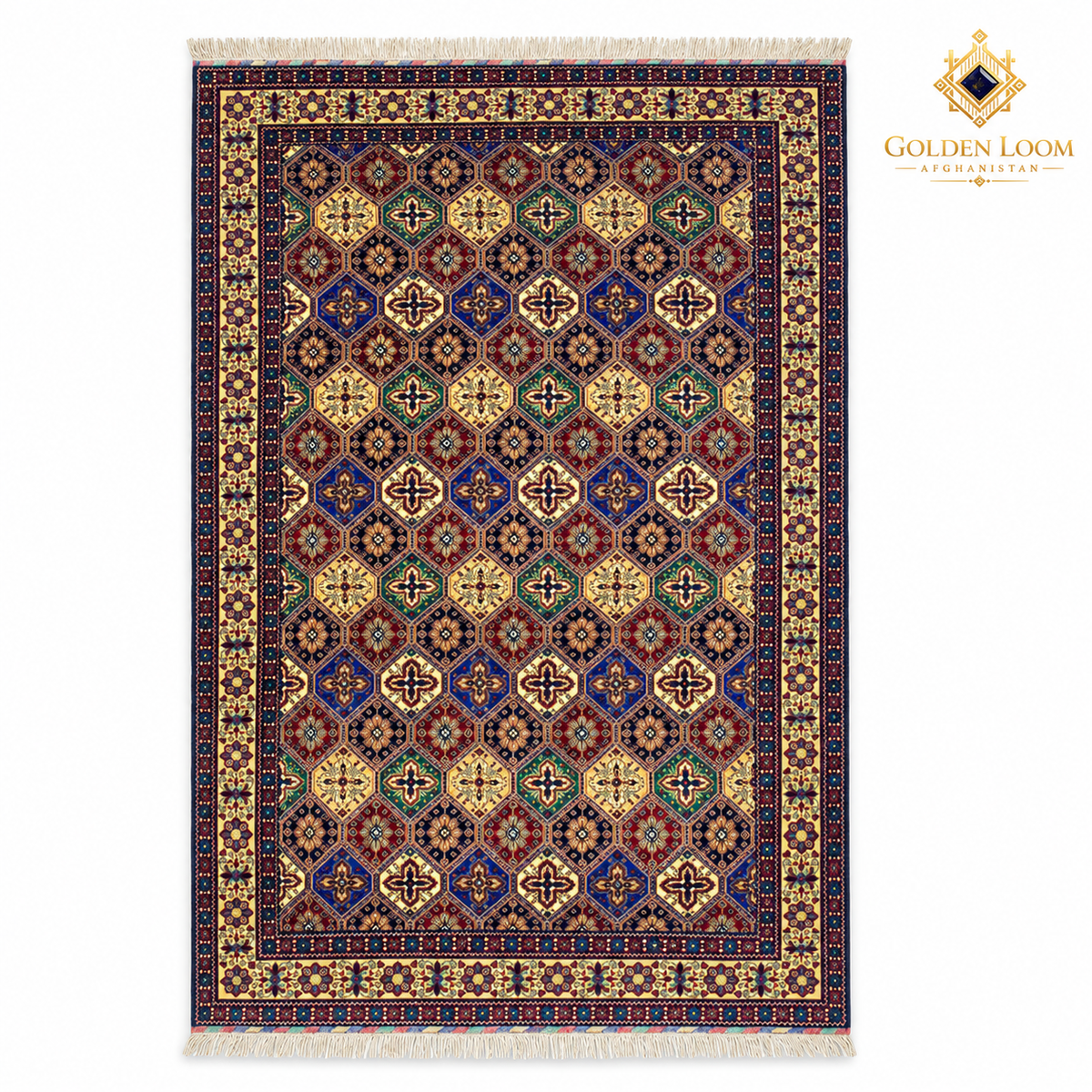 Top view of a multi-colour hand-knotted Afghan wool carpet with diamond motifs and fringed ends on a white background.