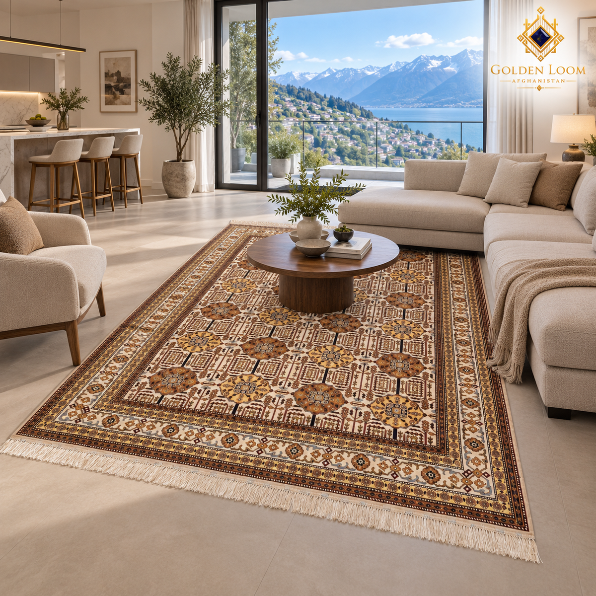 Cream and brown Afghan wool carpet styled in a bright modern living room with mountain views