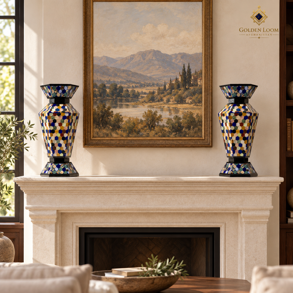 Multi-coloured natural-stone vase pair displayed on a limestone fireplace mantel.