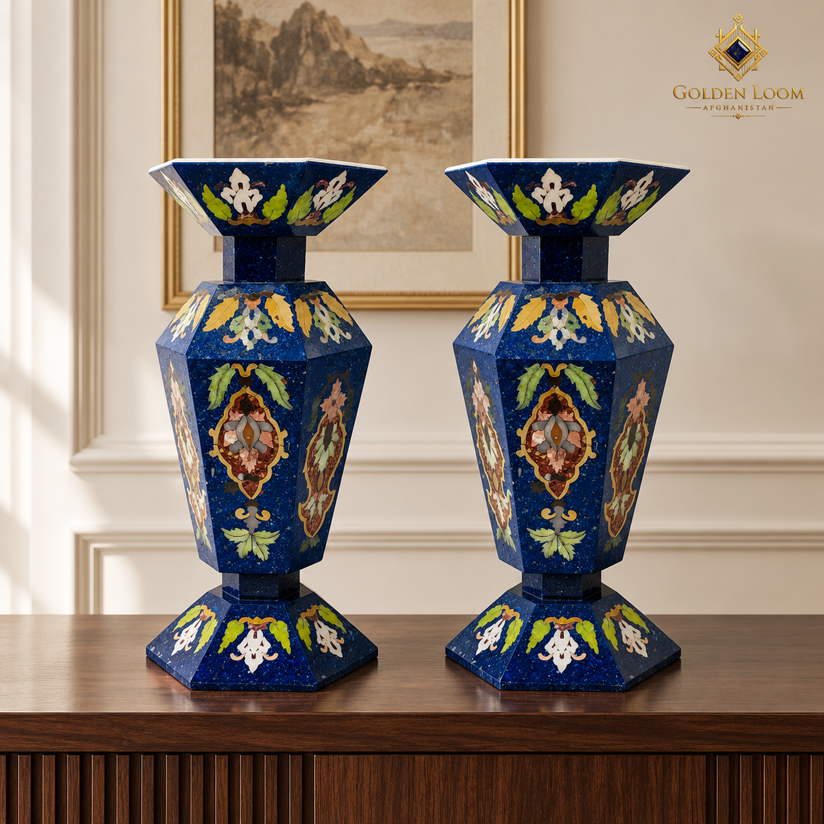 Pair of handcrafted lapis mosaic vases displayed symmetrically on a dark walnut console in an elegant neutral interior