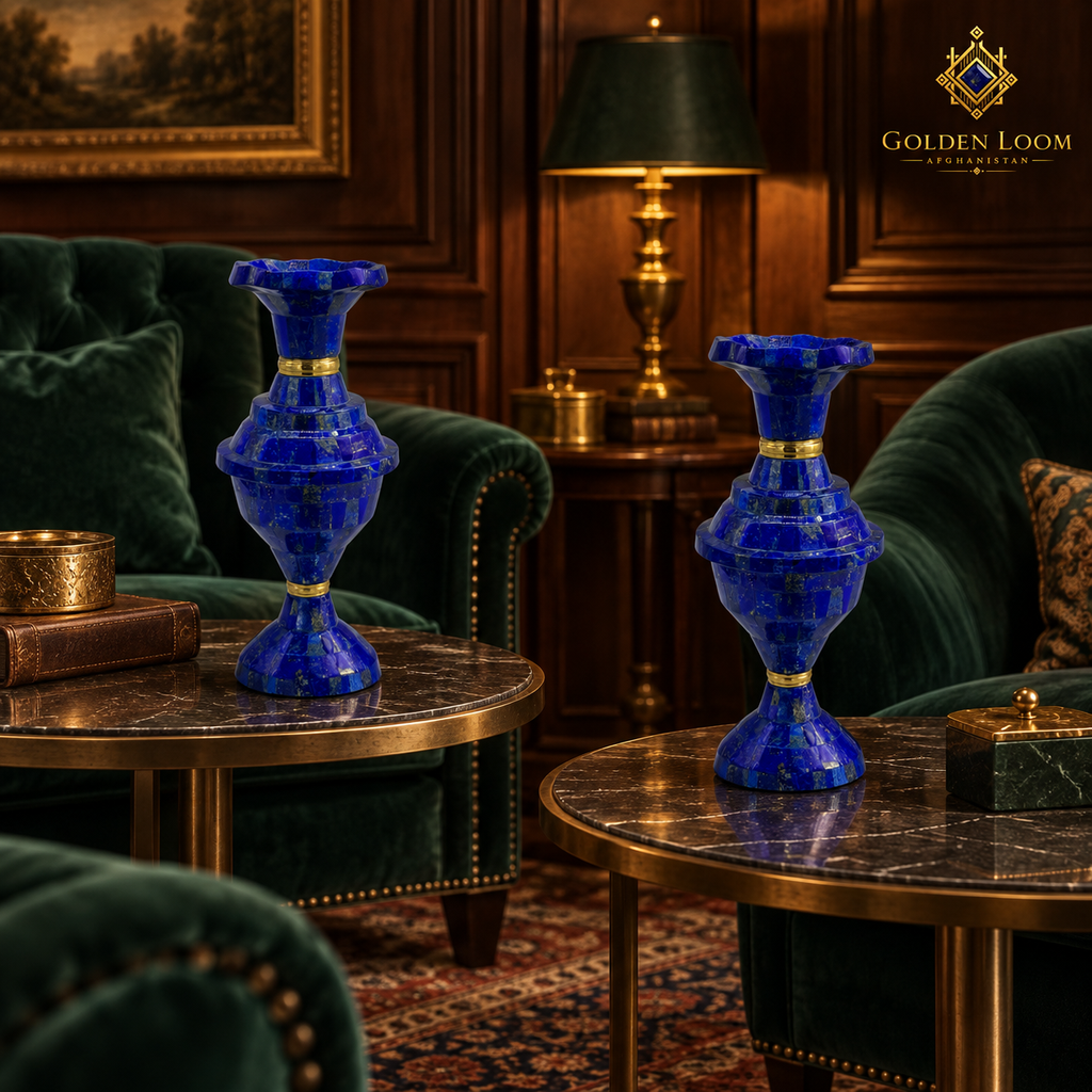 Handcrafted lapis lazuli vase pair styled on marble tables in an elegant private salon.