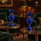 Handcrafted lapis lazuli vase pair styled on marble tables in an elegant private salon.
