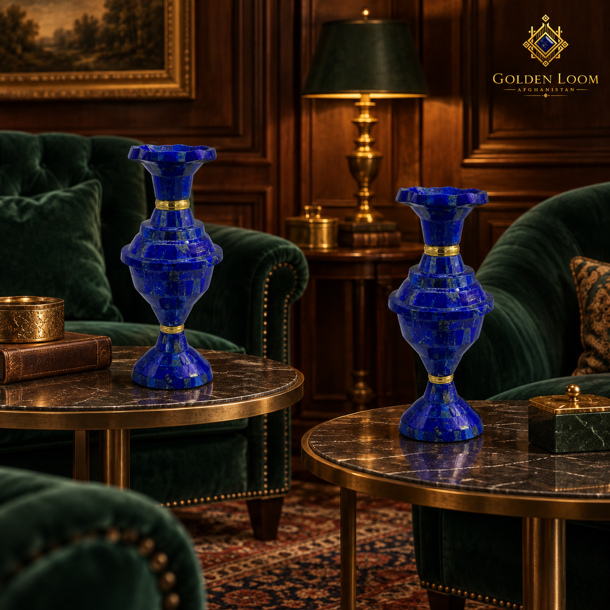 Handcrafted lapis lazuli vase pair styled on marble tables in an elegant private salon.