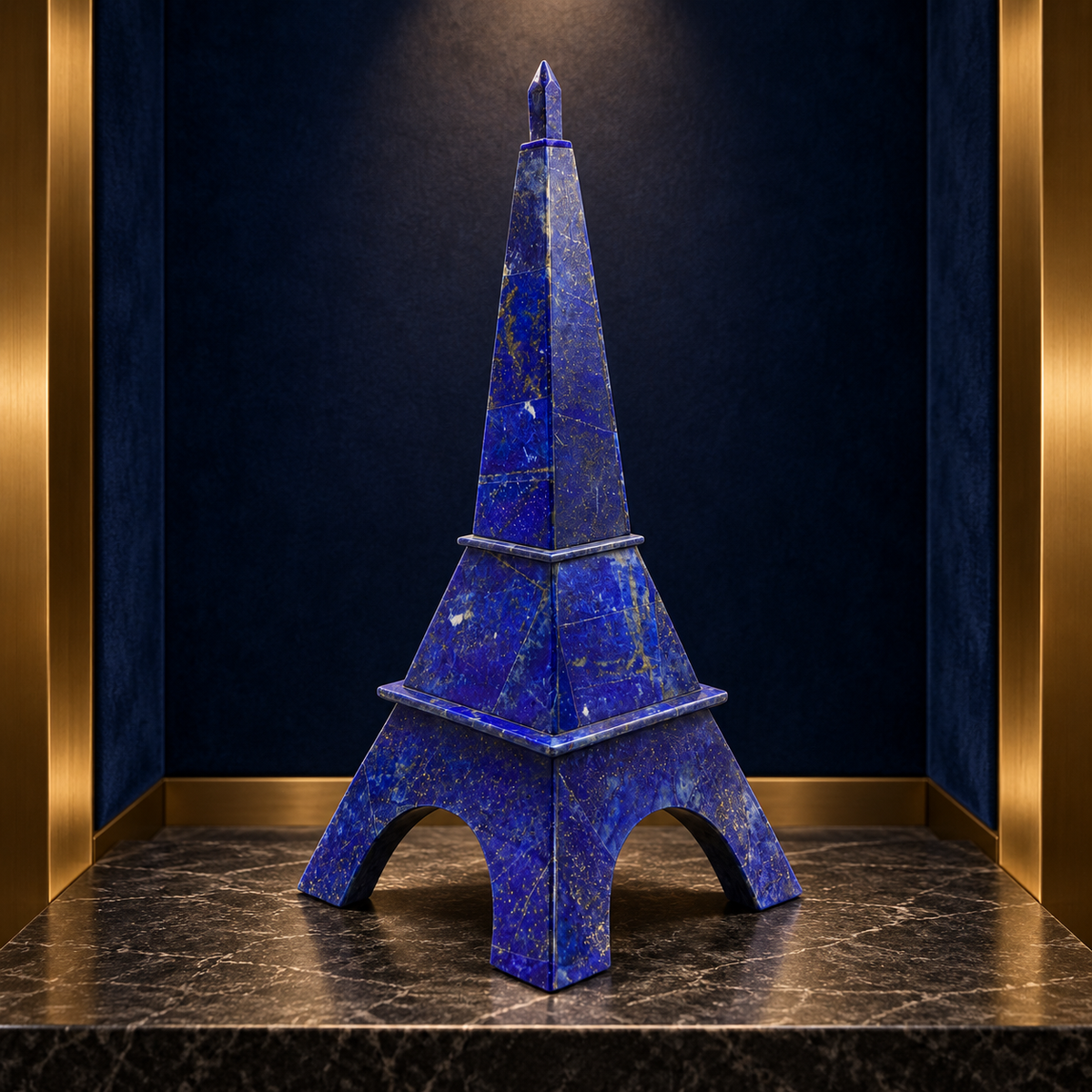 Afghan lapis lazuli Eiffel Tower sculpture displayed beside leather-bound books in a refined private library.