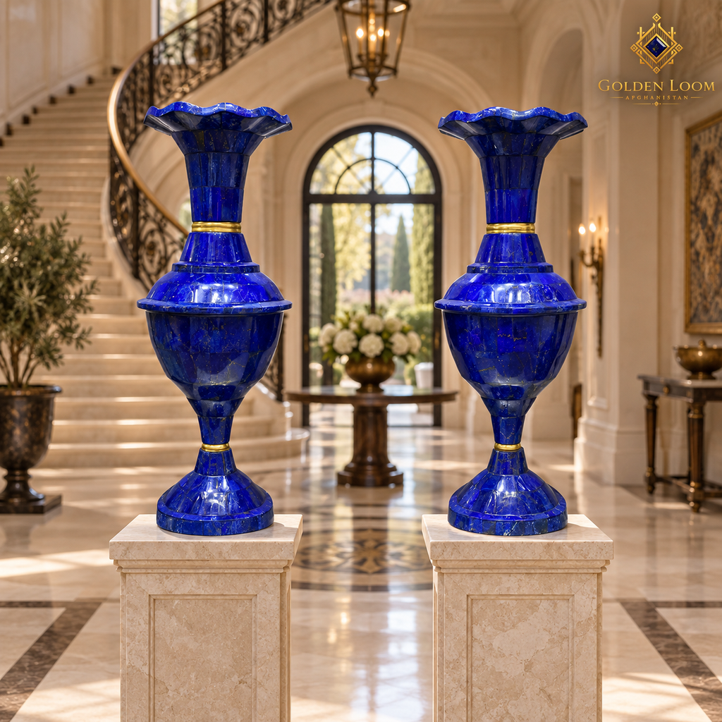 Pair of handcrafted lapis lazuli and brass vases displayed on stone pedestals in a grand entrance hall.