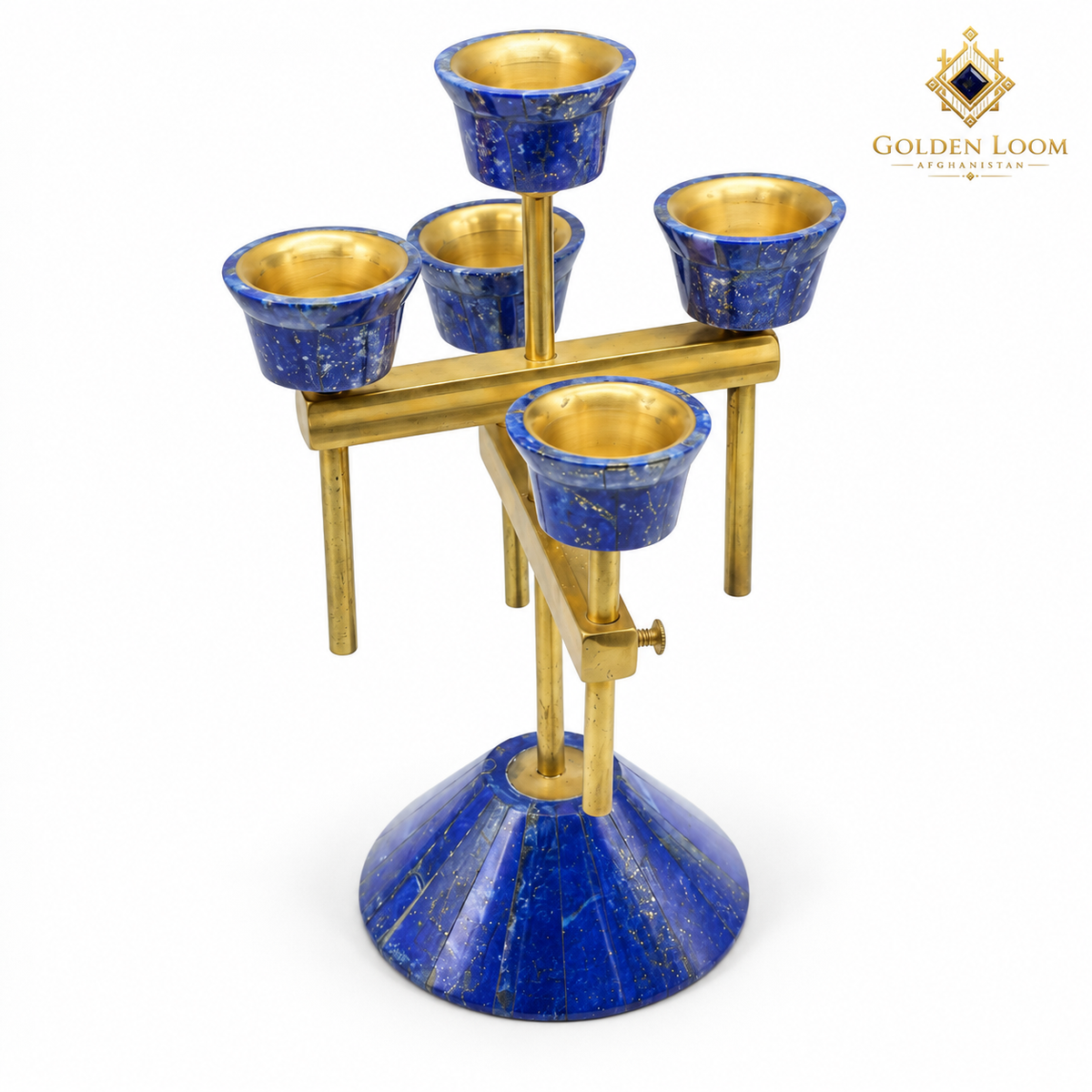 Elevated side view showing the five lapis lazuli candle holders, brass frame and faceted gemstone base.