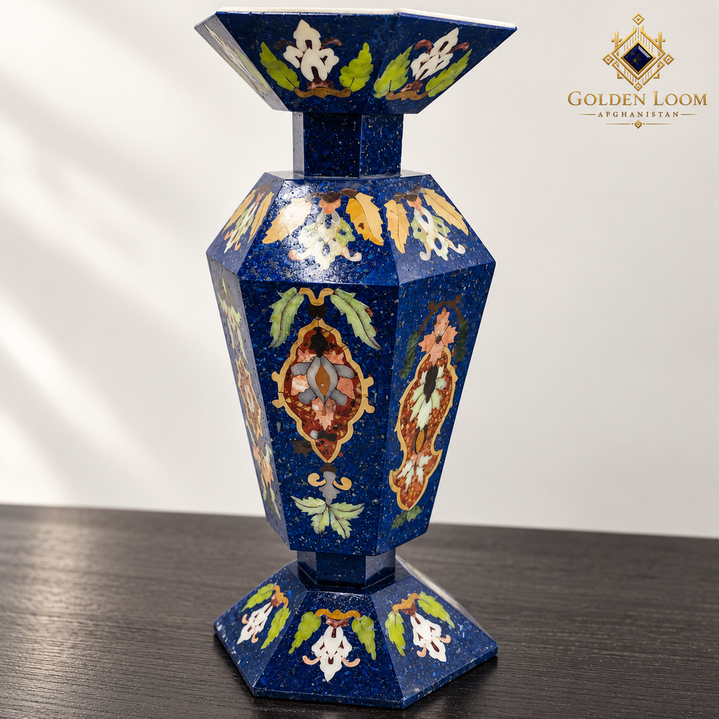 Detailed view of a six-sided mosaic vase highlighting colorful floral stone inlay, faceted construction and textured lapis lazuli chips