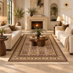 Traditional Afghan wool carpet between ivory sofas in an elegant living room with a fireplace