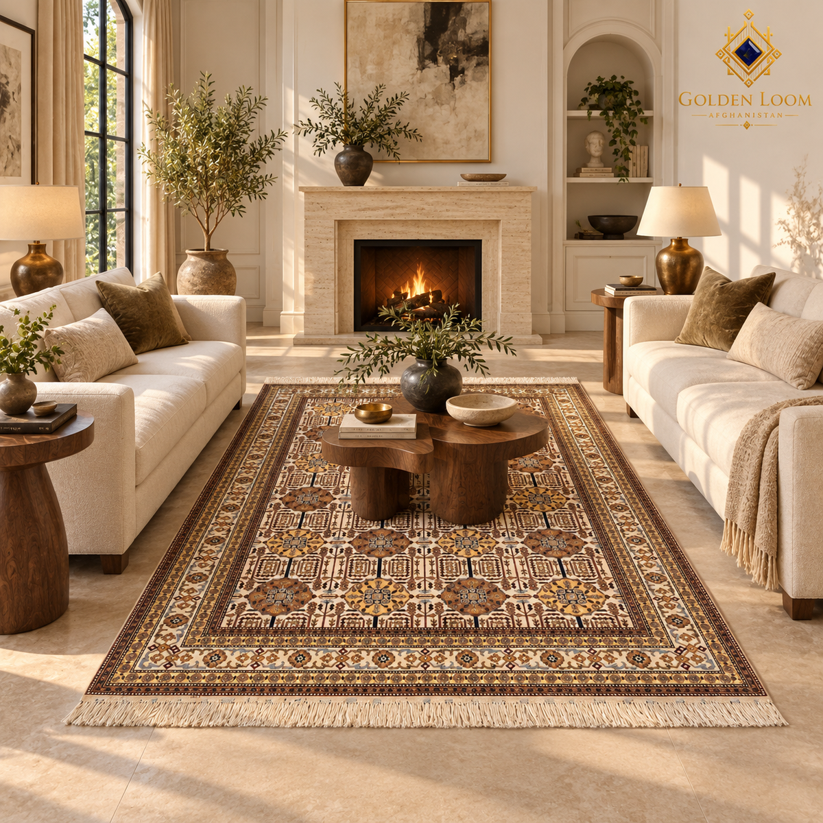 Traditional Afghan wool carpet between ivory sofas in an elegant living room with a fireplace