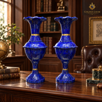 Handcrafted blue lapis lazuli vase pair styled in an executive office and private library.