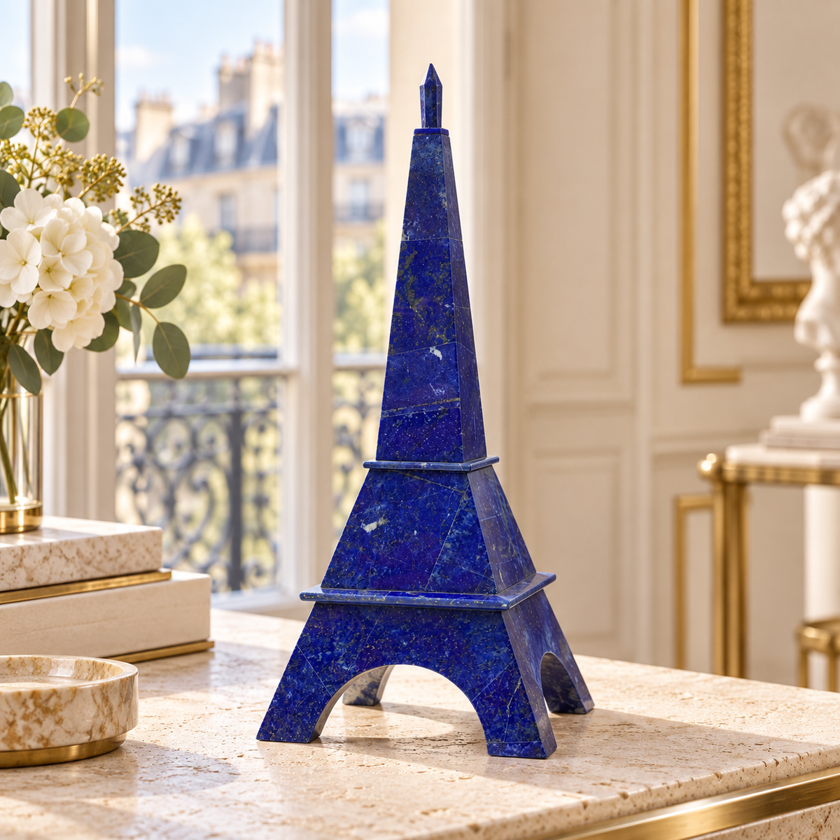 Handcrafted lapis lazuli Eiffel Tower sculpture styled on a walnut desk in a luxury executive office.