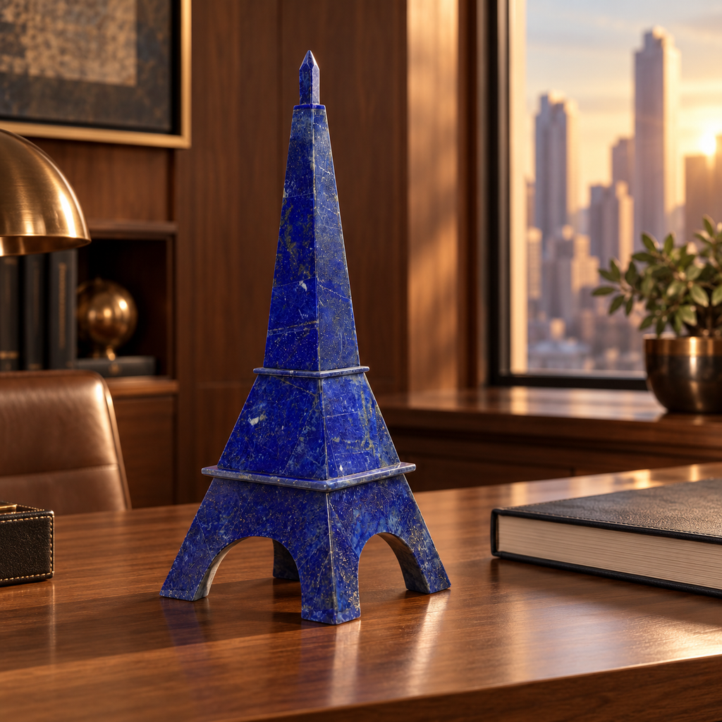 Lapis lazuli Eiffel Tower sculpture displayed on a marble console in an elegant Parisian-style interior.