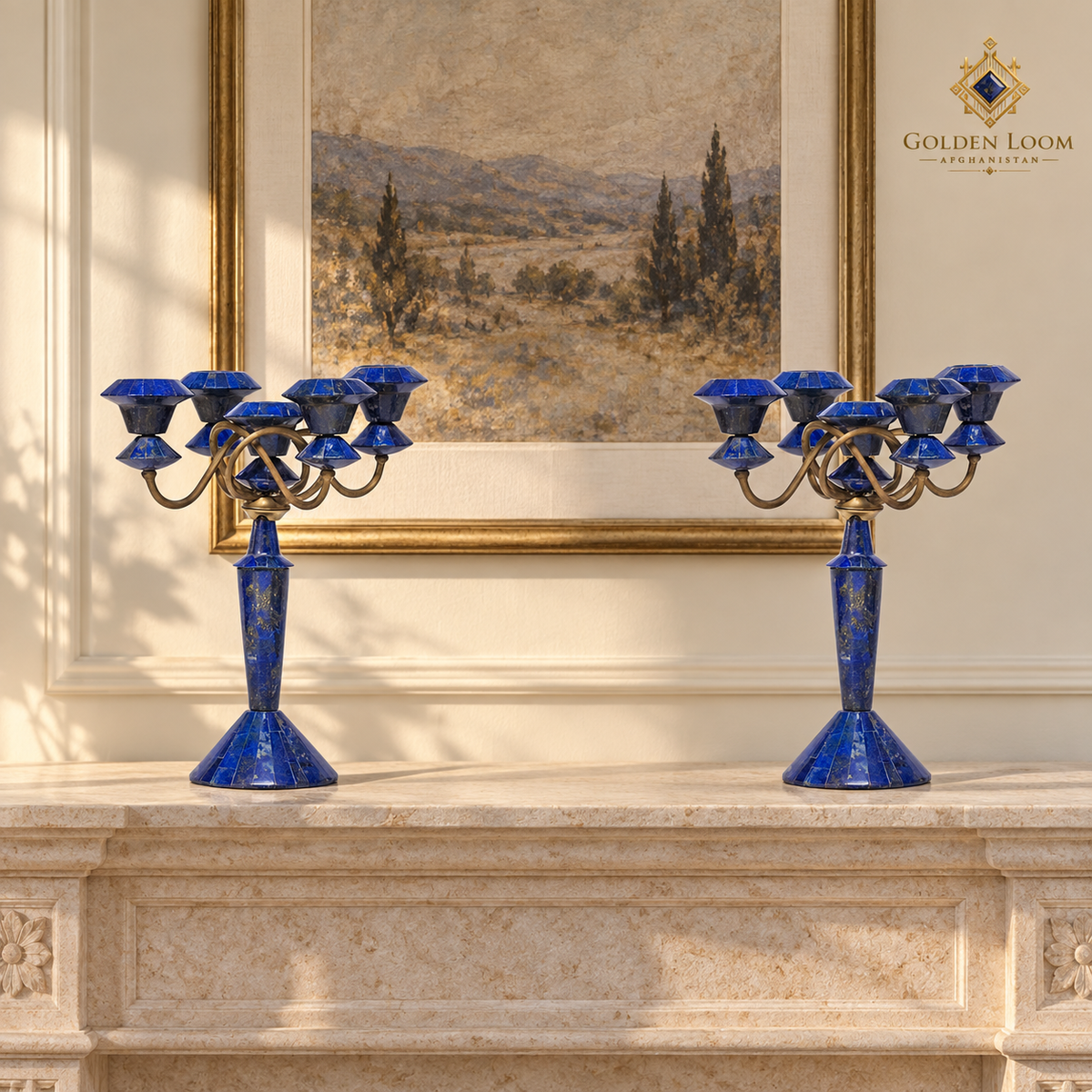 Two handcrafted Afghan lapis lazuli candelabra displayed on a pale limestone mantel