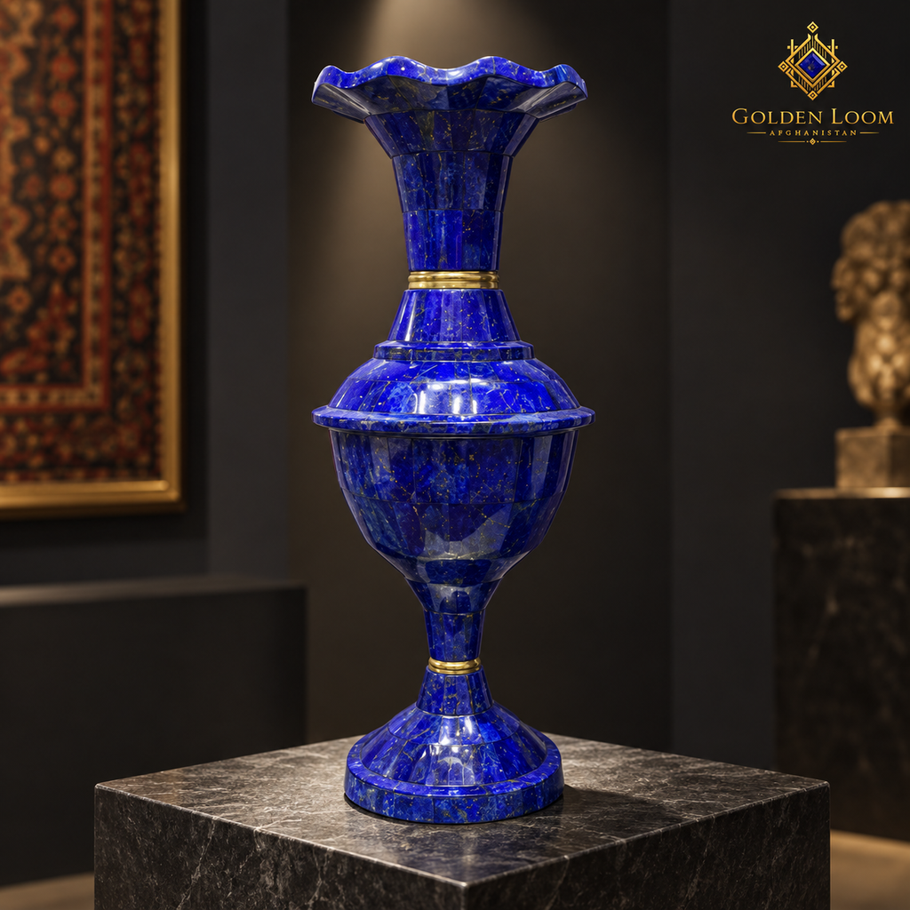 Close-up of a handcrafted lapis lazuli vase with brass collars and a scalloped rim.