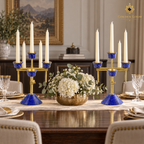 Matching set of two lapis lazuli and brass candelabra arranged symmetrically on a luxury console.