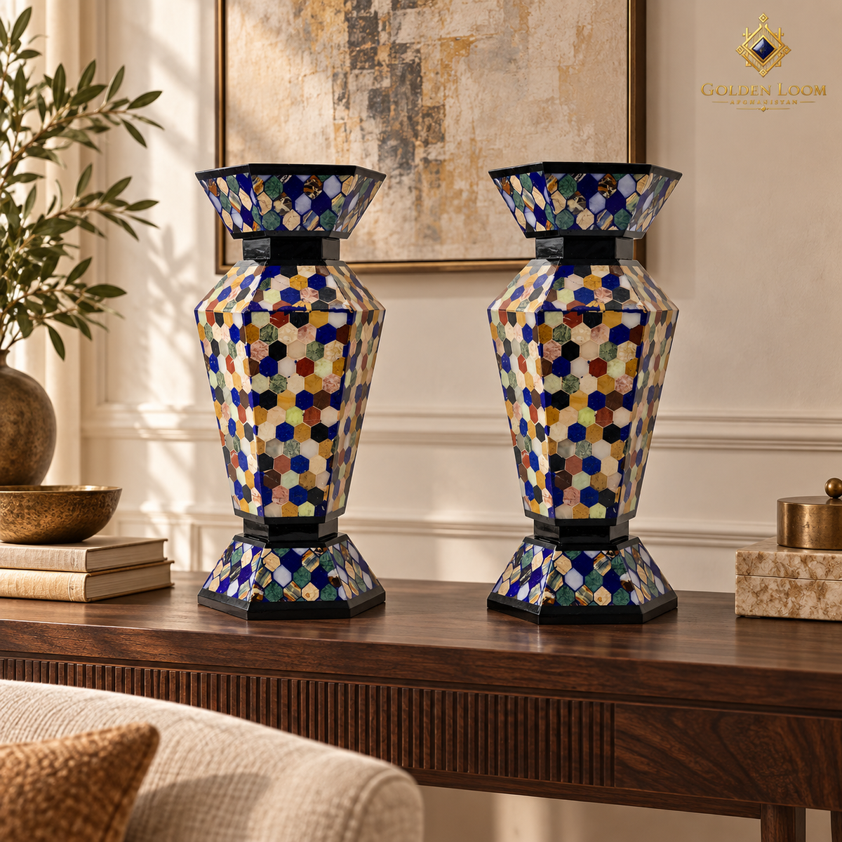 Six-sided mosaic vase pair displayed on a dark walnut console in an elegant interior.