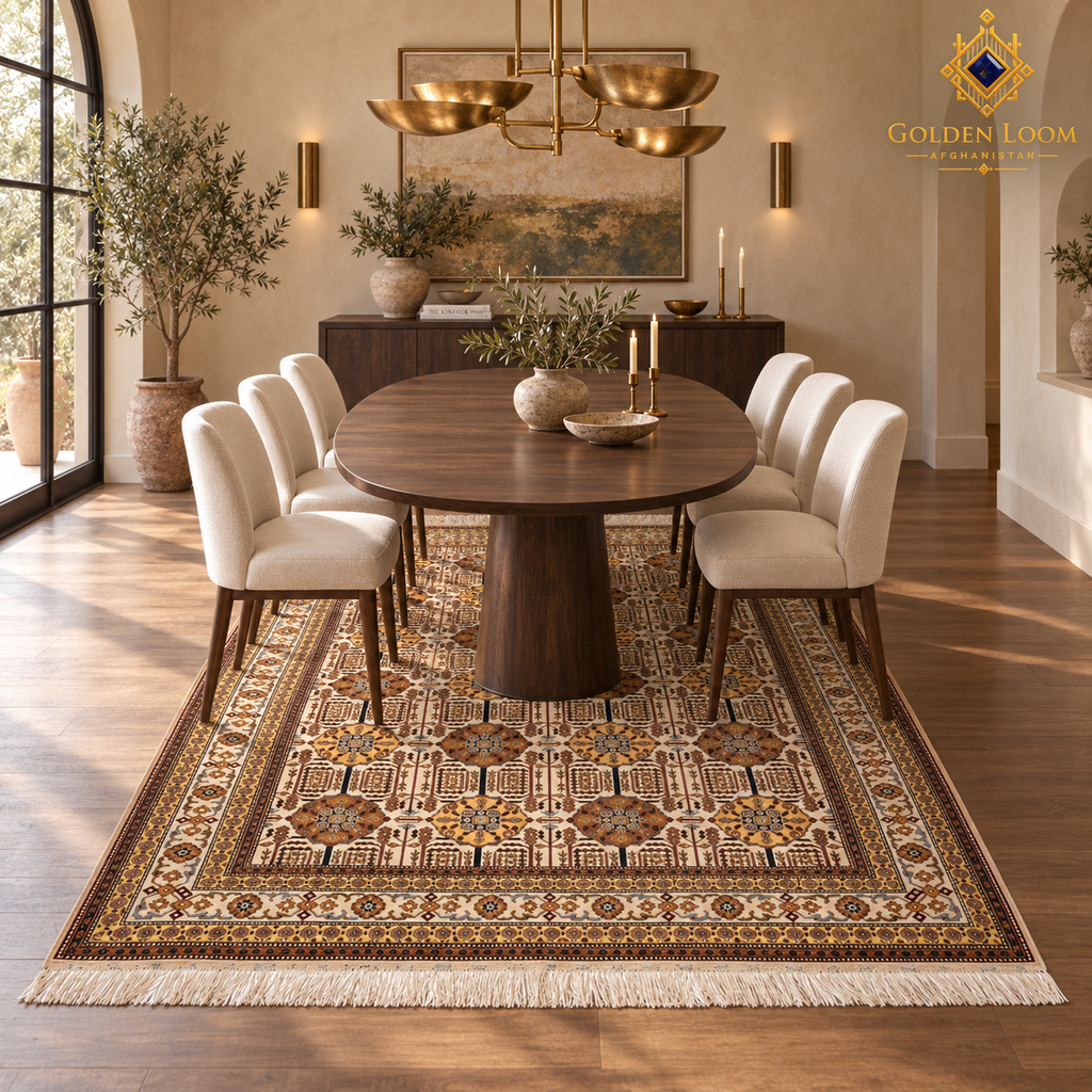 Cream and gold Afghan wool carpet beneath a round wooden table in an elegant dining room