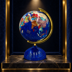 Luxury lapis lazuli gemstone globe displayed in a navy velvet and brass collector’s cabinet.