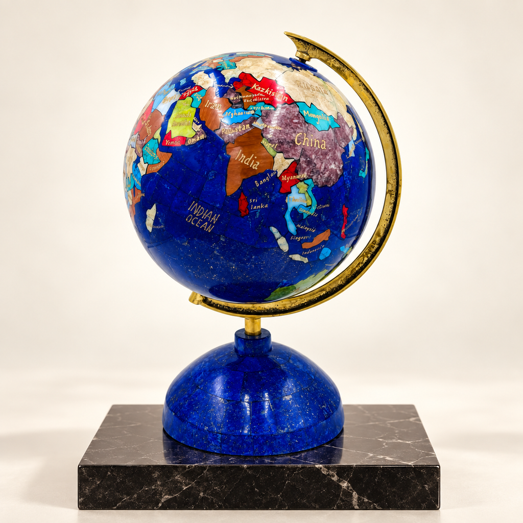 Handcrafted Afghan gemstone globe with lapis lazuli oceans and brass meridian on a black marble plinth.