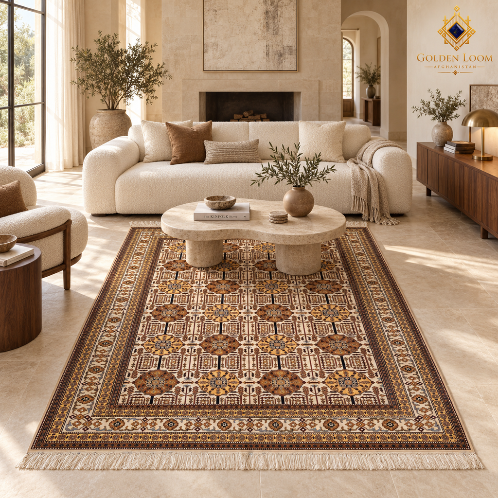Traditional cream Afghan wool carpet styled with neutral furniture in a sunlit contemporary living room