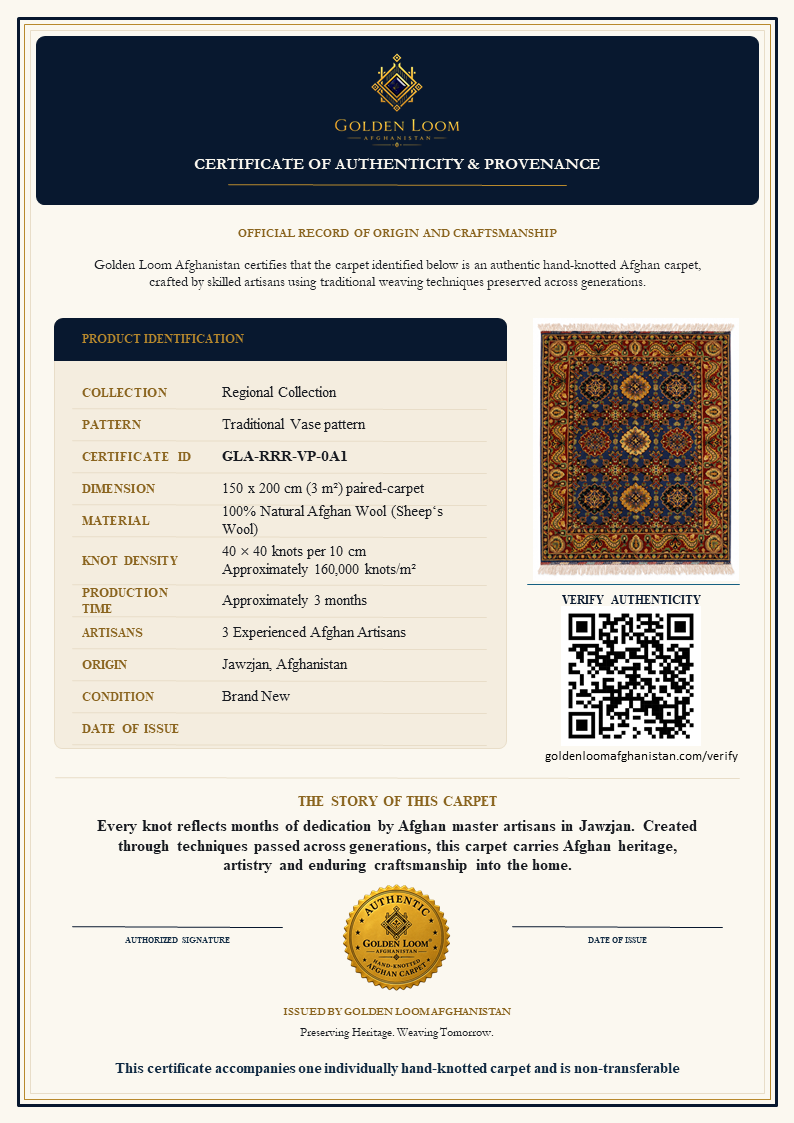 A product authenticity certificate for a Golden Loom carpet, featuring a product description