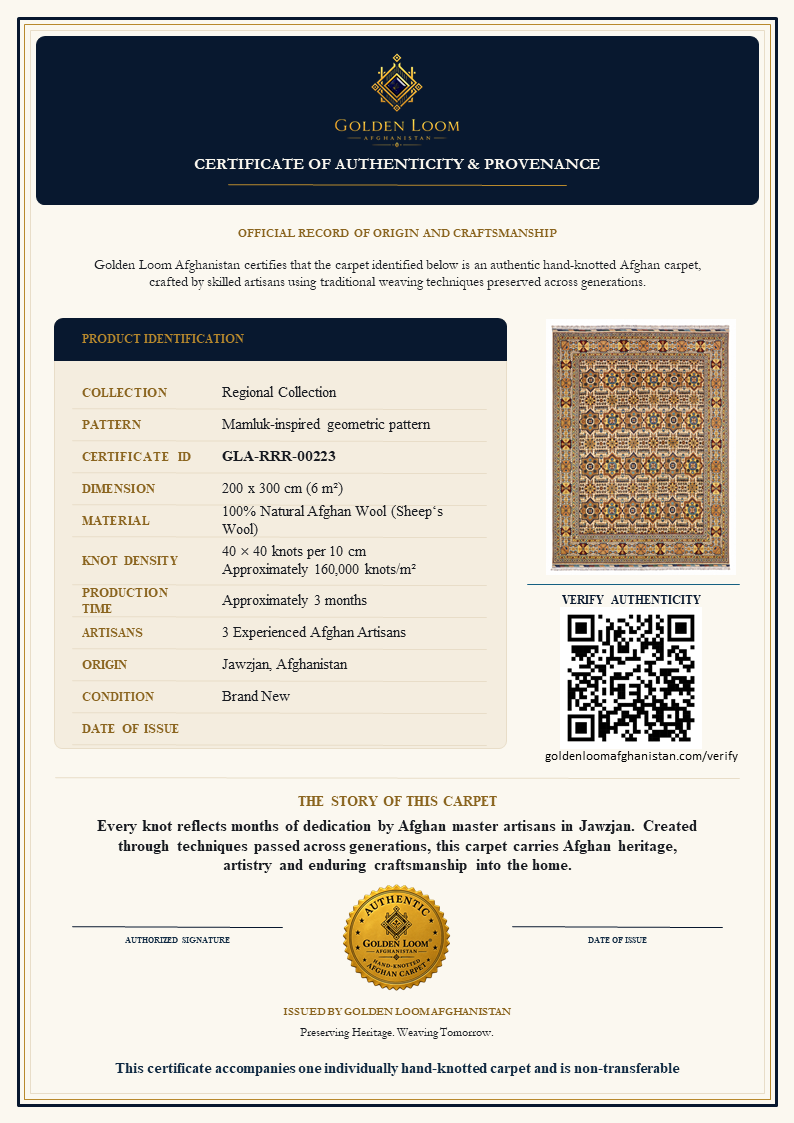 A certificate of authenticity and provenance card for a Golden Loom carpet, featuring product details