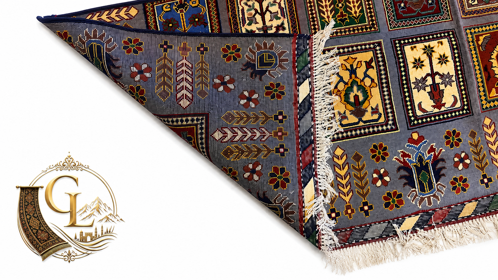 Belzhiki & Regional Mirror Design Afghan carpet – corner folded back on white background revealing flat-woven reverse side with arrow and floral motifs, showing pile depth, knot construction and hand-tied ivory fringe, slate-blue field with botanical panels visible on front face, 100% Turkman wool, hand-knotted in Qarqin, Jawzjan, Afghanistan, Golden Loom