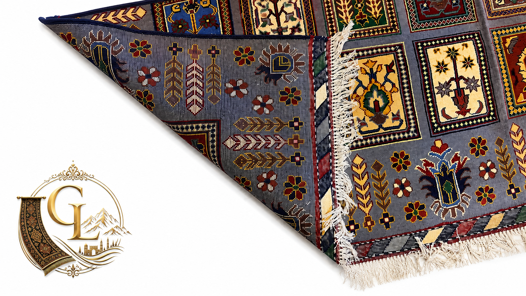 Belzhiki & Regional Mirror Design Afghan carpet – corner folded back on white background revealing flat-woven reverse side with arrow and floral motifs, showing pile depth, knot construction and hand-tied ivory fringe, slate-blue field with botanical panels visible on front face, 100% Turkman wool, hand-knotted in Qarqin, Jawzjan, Afghanistan, Golden Loom