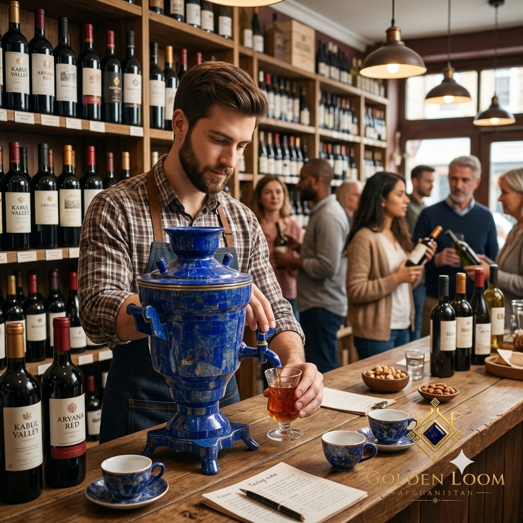 Bartender pouring tea from a Lapis Lazuli Samovar at a wine tasting event in an upscale shop — Golden Loom Afghanistan