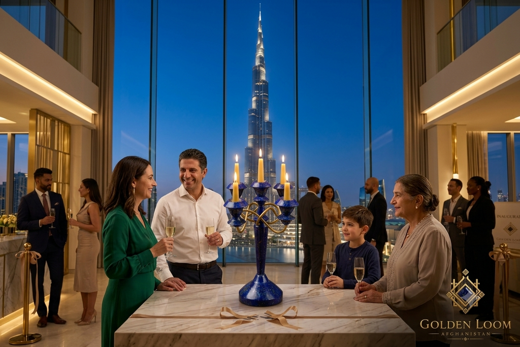 Golden Loom Afghanistan lapis lazuli candelabra at an upscale evening gathering with Burj Khalifa view — handcrafted Afghan gemstone candle holder for luxury interiors