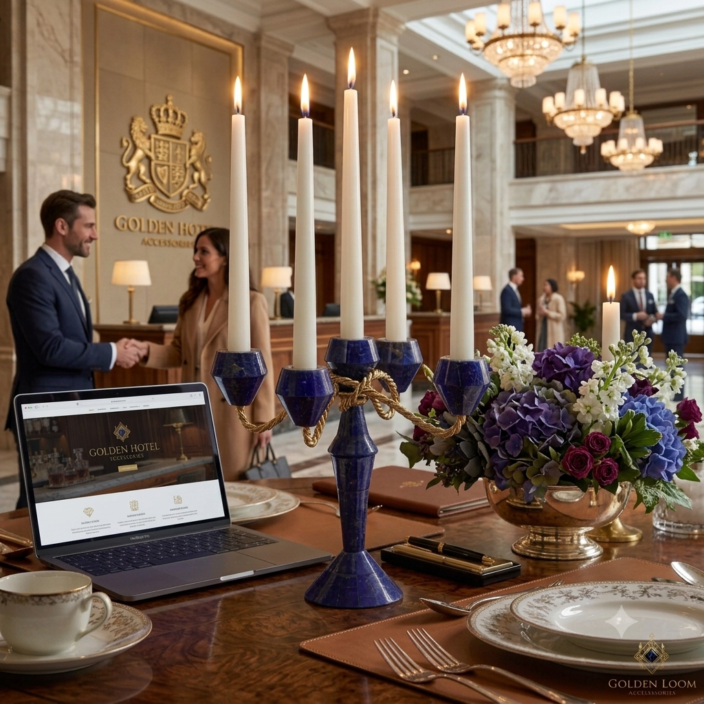 Lapis lazuli candelabrum displayed in a luxury hotel setting with Golden Loom Afghanistan branding, handcrafted gemstone candlestick