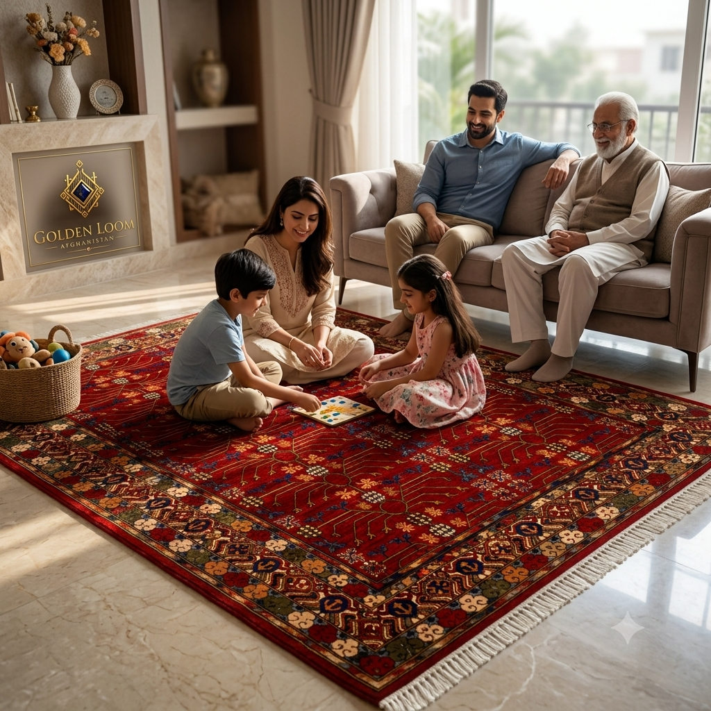 Family enjoying a Sultani Chobi Afghan carpet in a bright modern living room, children playing board games on the crimson red hand-knotted rug, Golden Loom Afghanistan