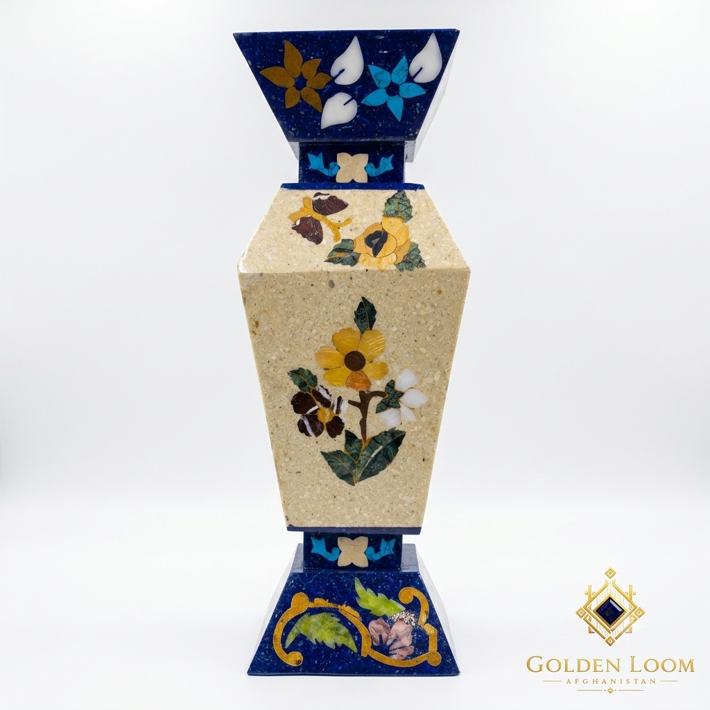 Handcrafted Afghan mosaic vase with lapis lazuli base and natural stone chip inlay featuring floral and bird motifs, 43 cm tall, four-sided decorative art piece from Badakhshan