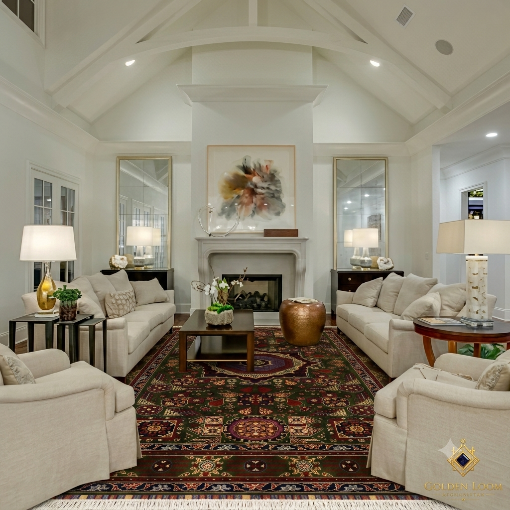 A luxury living room featuring a large, ornate multi-colored area rug centered on a dark wood coffee table, flanked by cream-colored sofas, a fireplace with a framed abstract painting, and tall mirrors under a high vaulted ceiling.