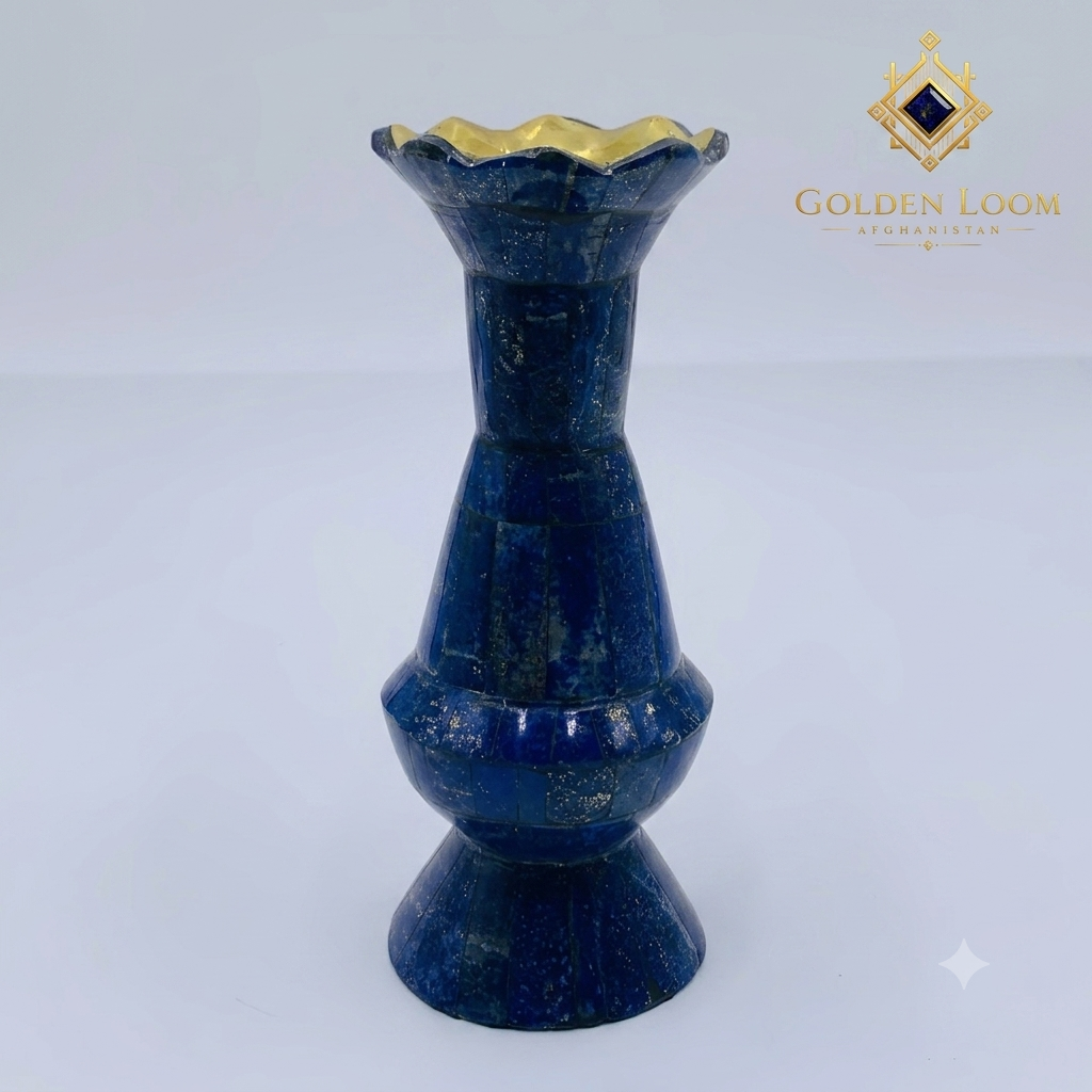 Hand-carved lapis lazuli vase with fluted gold-rimmed opening and mosaic stone surface on white background — Lapis Lazuli Convertible Vase Set by Golden Loom Afghanistan