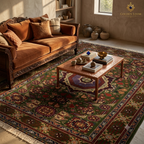 A large traditional oriental area rug in warm earthy tones of green, brown, red, and gold, styled in a rustic living room with a velvet sofa and a wooden coffee table. The Golden Loom brand logo is visible in the top right corner.