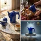 Lapis Lazuli tea set with samovar, sugar bowl and creamer on marble table; pouring tea into crystal glass on ornate tray; studio spotlight display on white pedestal — Golden Loom Afghanistan