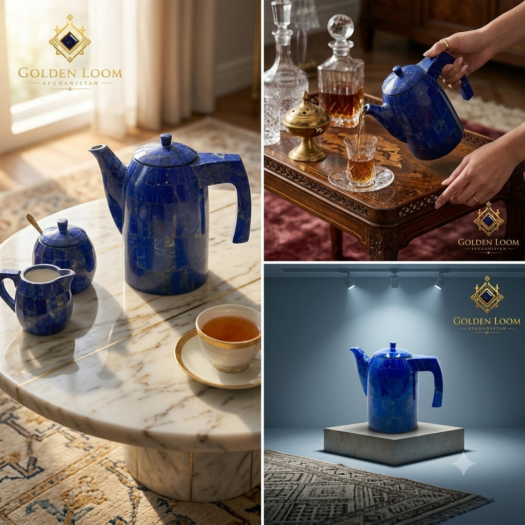 Lapis Lazuli tea set with samovar, sugar bowl and creamer on marble table; pouring tea into crystal glass on ornate tray; studio spotlight display on white pedestal — Golden Loom Afghanistan