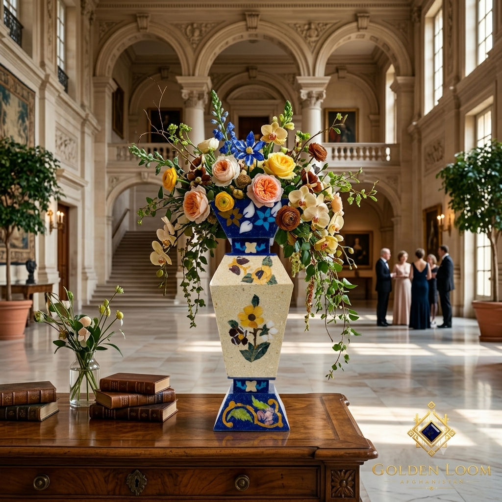 Handcrafted Afghan lapis lazuli mosaic vase as a statement floral centerpiece in a luxury hall — Golden Loom Afghanistan decorative stone art