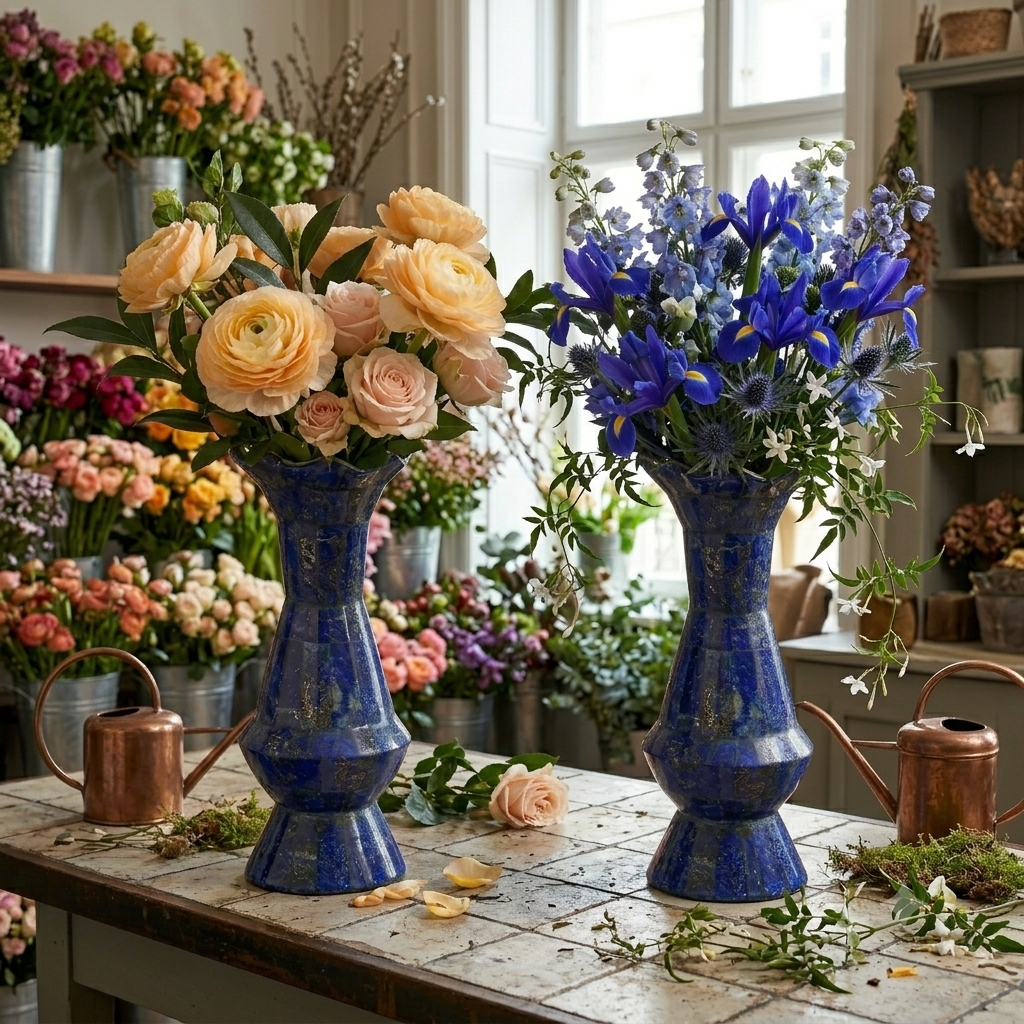Pair of hand-carved lapis lazuli vases holding peach ranunculus and blue irises on a florist's workbench surrounded by fresh flowers — Golden Loom Afghanistan