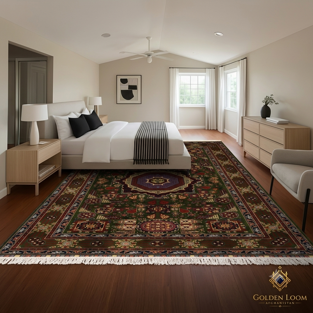 A large traditional Persian-style area rug with a central medallion and intricate floral patterns in red, green, blue, and gold tones, shown in a fully styled modern bedroom. The room features a bed, nightstands, a dresser, and a chair on dark wood floors, with the Golden Loom brand logo visible in the bottom right corner.