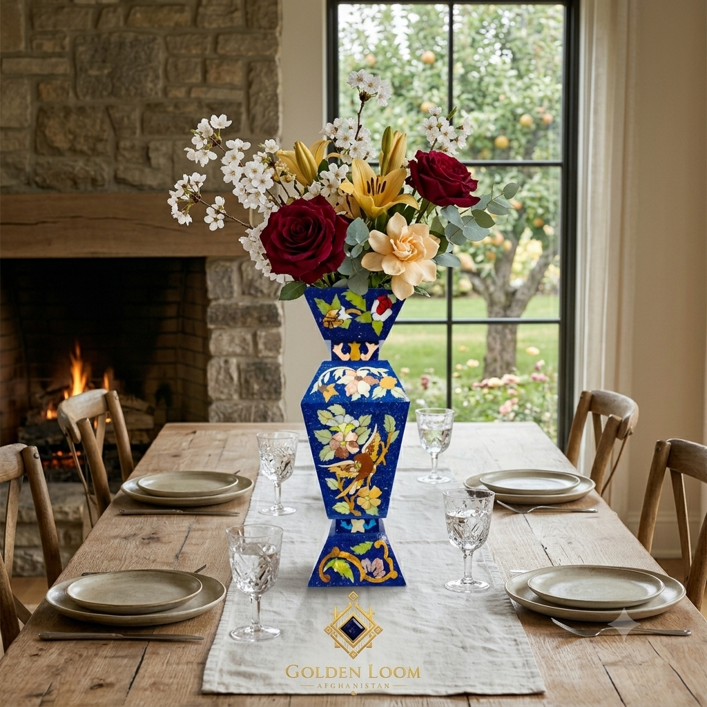 Afghan lapis lazuli hand-painted vase filled with red roses, yellow lilies and white blossom as a centerpiece on a rustic wooden dining table, lit fireplace and garden window in the background — Golden Loom Afghanistan