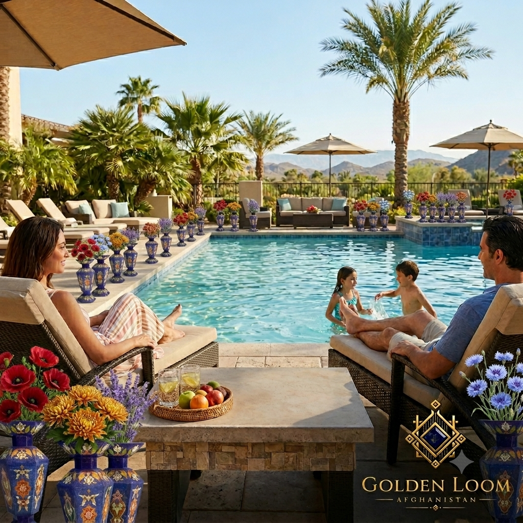 Golden Loom Afghanistan lapis lazuli mosaic vases lining a luxury resort poolside with colorful floral arrangements — handmade Afghan gemstone décor for premium outdoor entertaining spaces