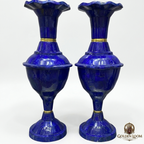 Pair of hand-carved Afghan lapis lazuli convertible vases with gold brass accent rings, deep royal blue stone, white background — Golden Loom Afghanistan