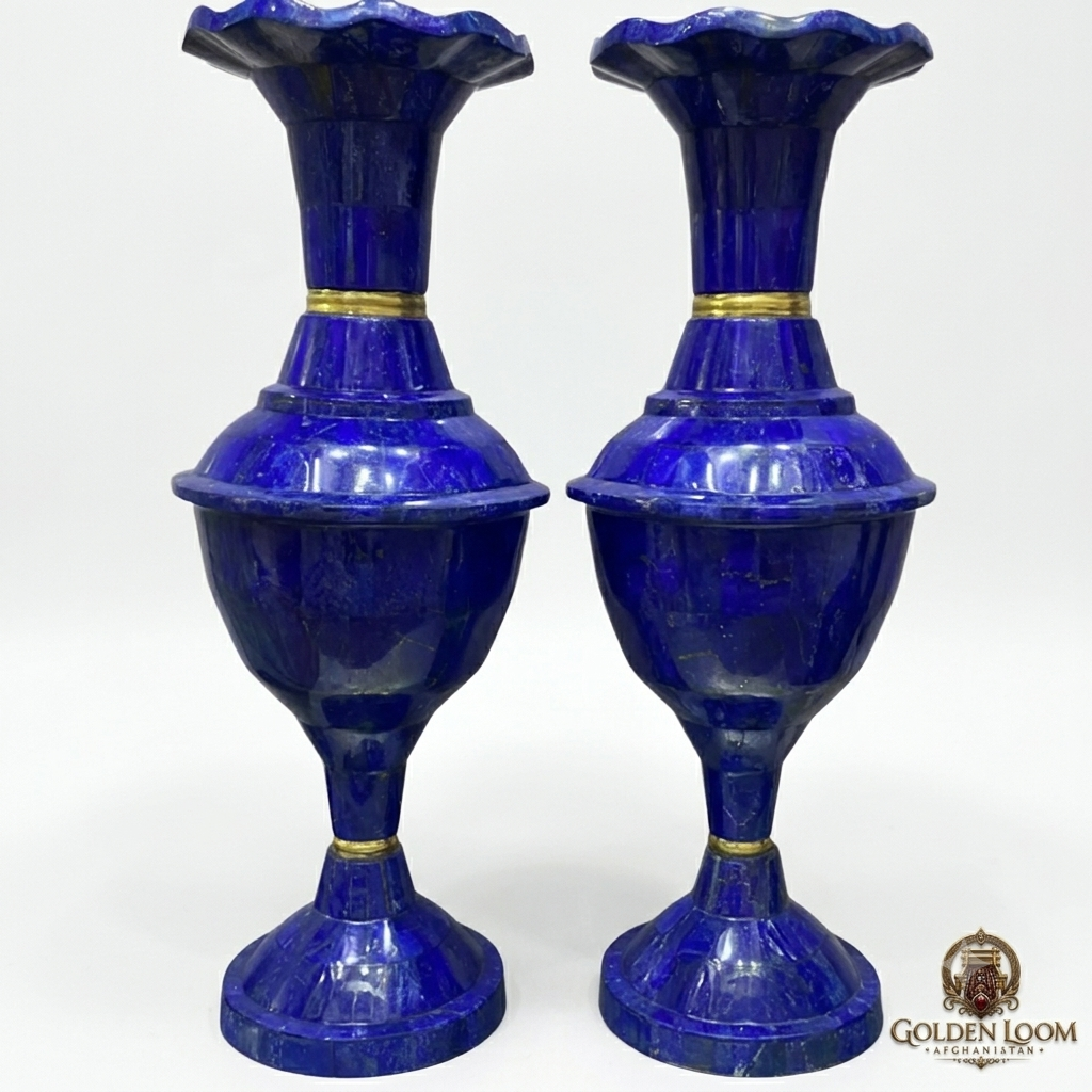 Pair of hand-carved Afghan lapis lazuli convertible vases with gold brass accent rings, deep royal blue stone, white background — Golden Loom Afghanistan