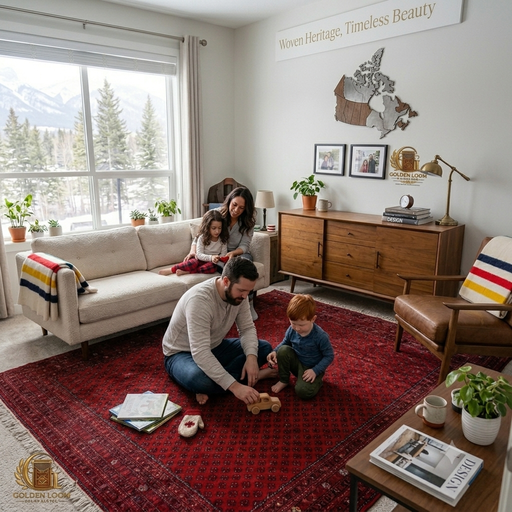 Hand-knotted Afghan Bokhara rug in deep red displayed in a modern Canadian living room, family playing on the rug with mountain views in the background — Golden Loom Afghanistan