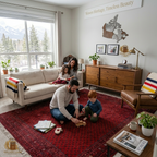 Hand-knotted Afghan Bokhara rug in deep red displayed in a modern Canadian living room, family playing on the rug with mountain views in the background — Golden Loom Afghanistan