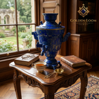 Lapis Lazuli Samovar on antique wooden side table beside books and a gold tea cup in an elegant study — Golden Loom Afghanistan